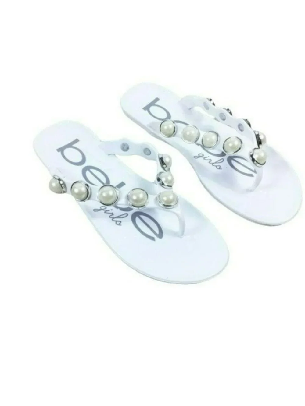 Bebe Shoes White Pearl Embellished Flip Flop Sandals NWOT Size M 13/1